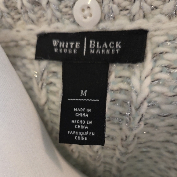 White House Black Market Cream With Metallic Thread Textured Knit Poncho Med - Picture 3 of 9